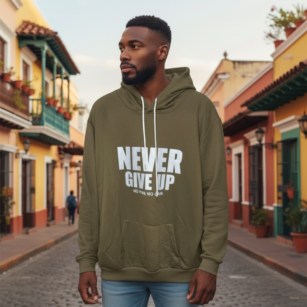 🤑 5/$25 Motivational “Never Give Up” Olive Green Hoodie Sweatshit